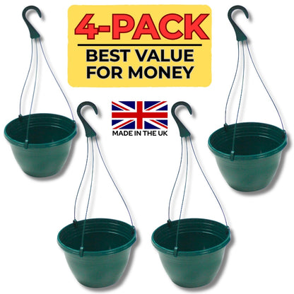 Set of 4 Plastic Hanging Baskets Dark Green - 5L Pots With Drainage Holes. Made in the UK From Recycled Plastics suitable for Flowers, Vegetables, Plants with hooks and pots. Easy Hanging, Indoor and Outdoor. Durable.