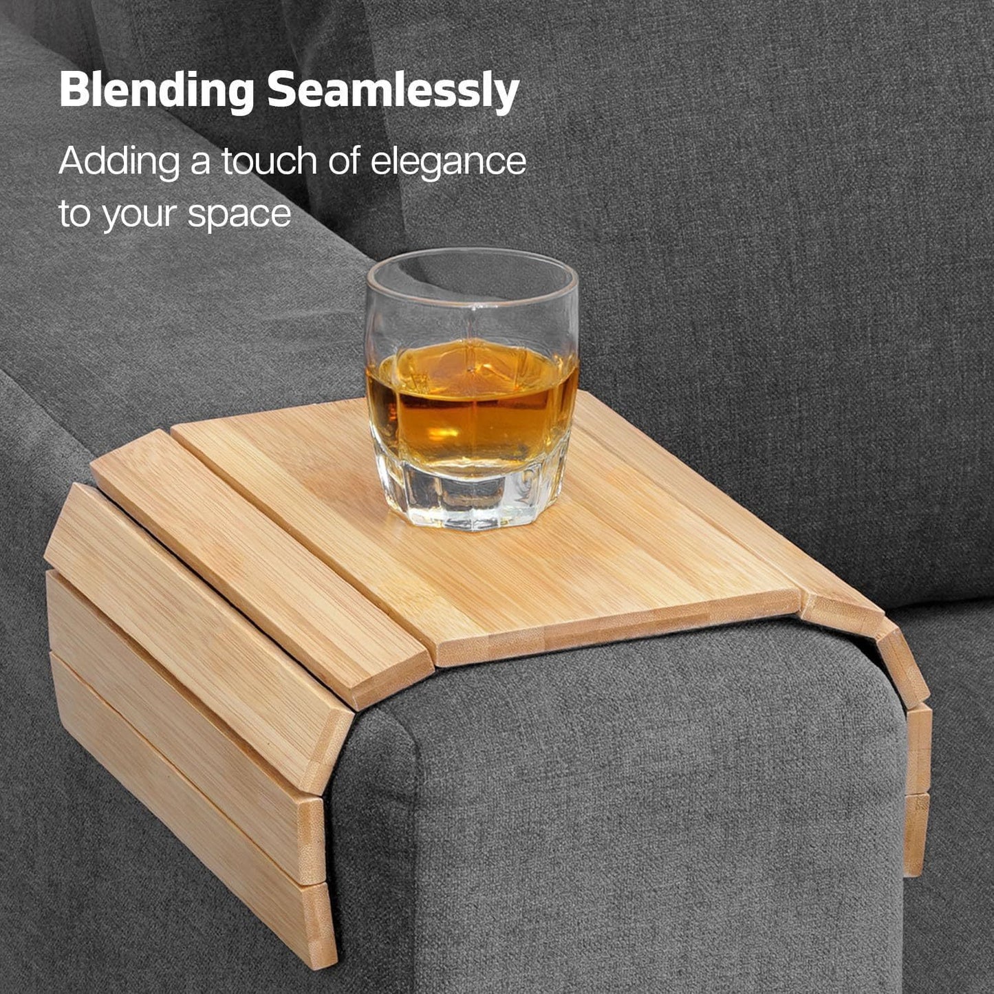 Sofa Arm Tray | Foldable Bamboo Wood Sofa Armrest Tray | Couch Arm Tray Organiser for Snacks, Drinks, Mobile & Remote | Wooden Sofa Arm Table Tray with Non-Slip Backing