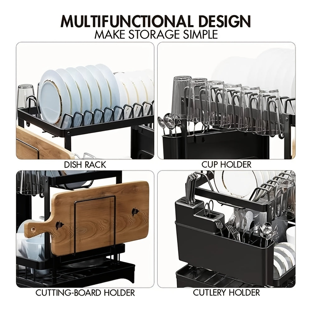2 Tier Dish Drainer Rack for Kitchen Counter - Space-Saving Dish Rack with Utensil Holder and Cutting Board Holder Large Capacity Drying Rack with Draining Board, Black