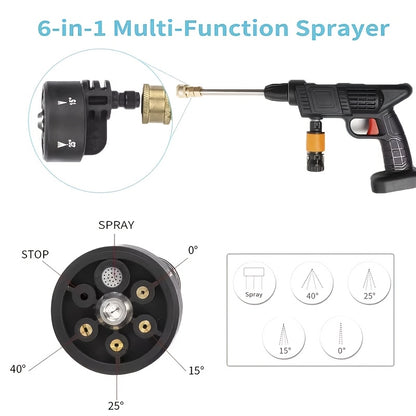 Portable Cordless High Pressure Car Washer Gun with 2 Batteries/Quick Connect 6-In-1 Nozzle, Stainless Steel Handheld Pressure Car Washing Gun Cleaning Kit for Car, Home, Garden Floor, Patio
