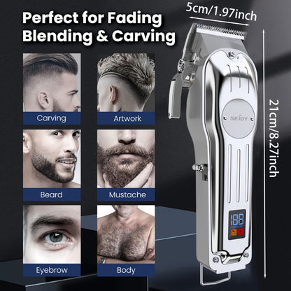 SEJOY Cordless Hair Clippers for Men Professional T-Blade Trimmer Kit – LED Display 4500-7000RPM – Barber Grooming Set Silver Blue Gold