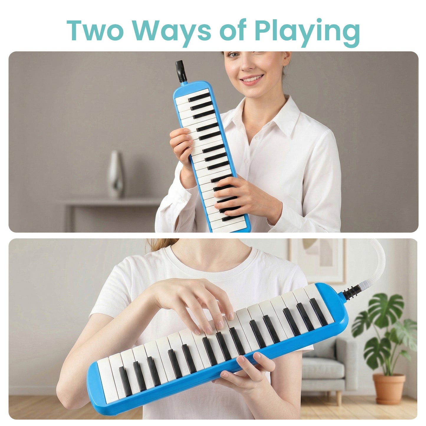32-Key Soprano Melodica Air Piano Keyboard with Soft Long Tube & Short Mouthpiece, Durable ABS Material, Portable Beginner Instrument with Carrying Bag, Available in Black, Blue, Pink
