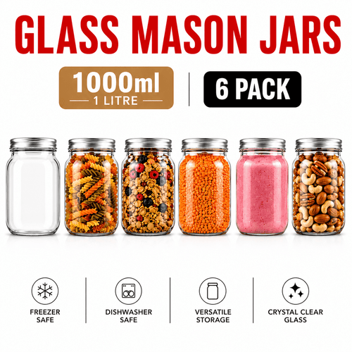 Mason Jars With Lids - 1 Litre Leakproof Glass Jars with Lids. Labels, Pen and Sponge - 12 Pack Large Mason Jar as Preserving Jars, Salad Jars, Overnight Oats Jar, and Pickling Jars