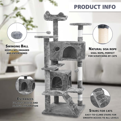 138 cm Cat Tree Tower – Multi-Level Cats Activity Centre with Scratching Posts, Condos, Ladder & Platforms – Indoor Cat Climbing House for Play, Rest & Fun