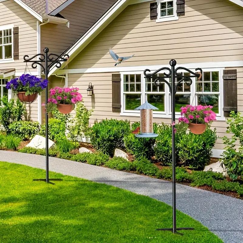 92-Inch Heavy-Duty Iron Shepherds Hooks for Outdoor - Double Bird Feeder Poles with 5-Prong Sturdy Base, Adjustable Plant Hanger Hooks for Garden, Wedding Decor, Bird Feeders & Lanterns - Easy Installation, Traditional Design, Bird Feeder Hanging Poles, G