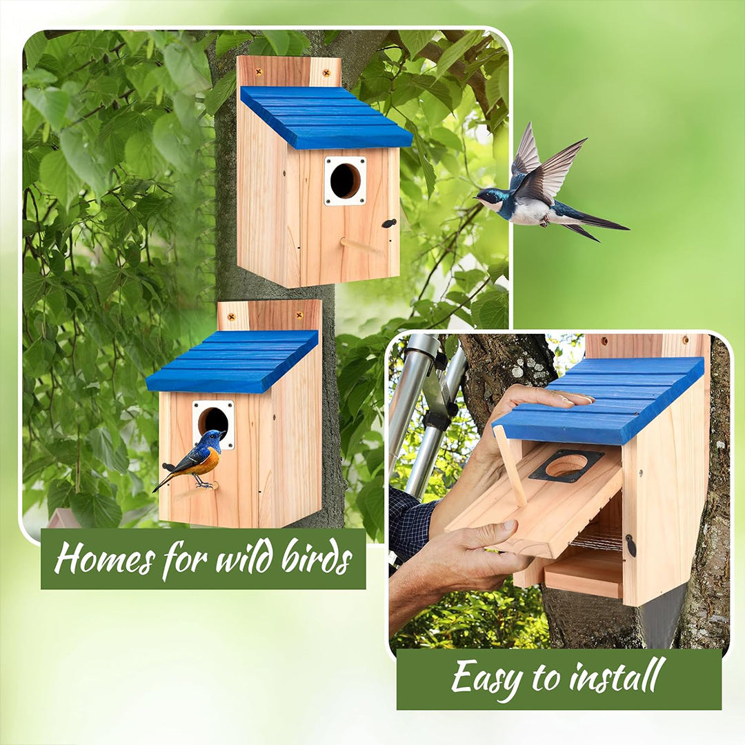 2pcs Cedar Bluebird Box Houses with Metal Guard, Secure Latch, Fledgling Grooves, Air Vents - Wooden Bird Houses for Outside, 1-1/2" Entrance Hole, Perfect for Bluebirds, Wrens, Swallows, Bird Feeder Houses | Classic Style | Wooden Construction, Bird Hous