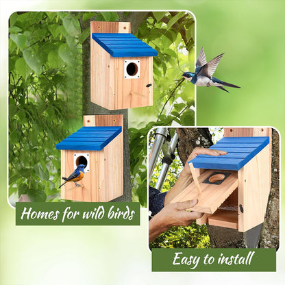 2pcs Cedar Bluebird Box Houses with Metal Guard, Secure Latch, Fledgling Grooves, Air Vents - Wooden Bird Houses for Outside, 1-1/2" Entrance Hole, Perfect for Bluebirds, Wrens, Swallows, Bird Feeder Houses | Classic Style | Wooden Construction, Bird Hous