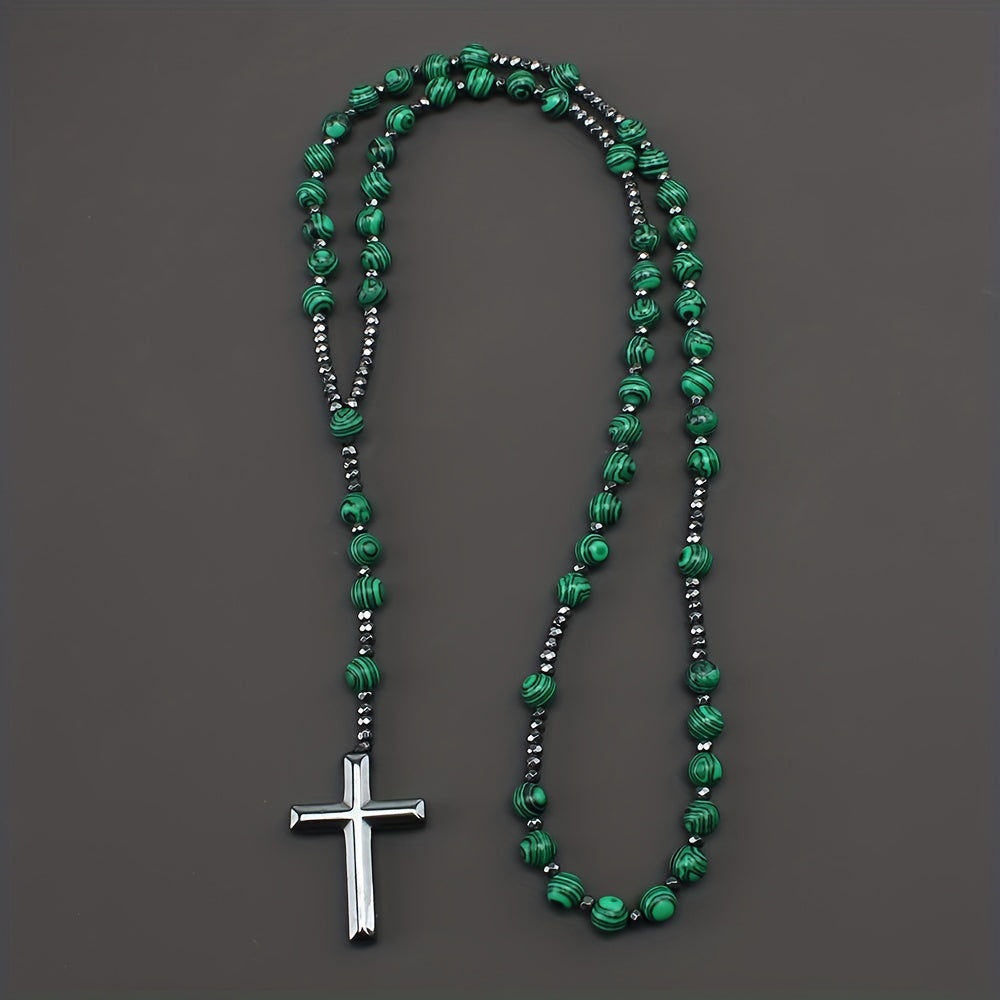 1pc Fashion Vintage Style Jewelry Round Bead Malachite Black Howlite Cross Religious Prayer Beads Men's Long Necklace for Daily Wear