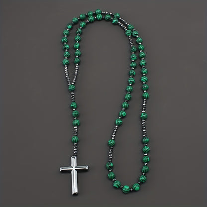1pc Fashion Vintage Style Jewelry Round Bead Malachite Black Howlite Cross Religious Prayer Beads Men's Long Necklace for Daily Wear