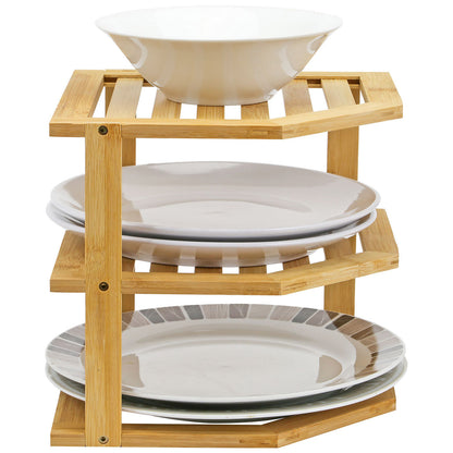 Bamboo Cabinet Shelf Organiser - 3 Tier Corner Shelf for Kitchen & Bathroom Countertop Cabinet Organiser Plate Rack Tidy Cupboard Shelf Insert Storage Organisation