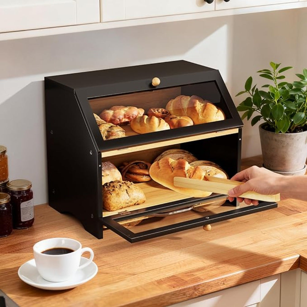 Double Layer Bamboo Bread Box Bread Bin with Transparent Window, Suitable for Kitchen and Dining Room, Pantry Organization Keeps Bread, Fruits, Snacks Fresh, Natural/Black