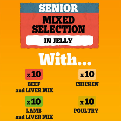 Pedigree Senior Wet Dog Food 120 x 100g Pouches Mixed Selection in Jelly Beef Liver Chicken Lamb Poultry No Artificial Additives Prebiotics Vitamin E
