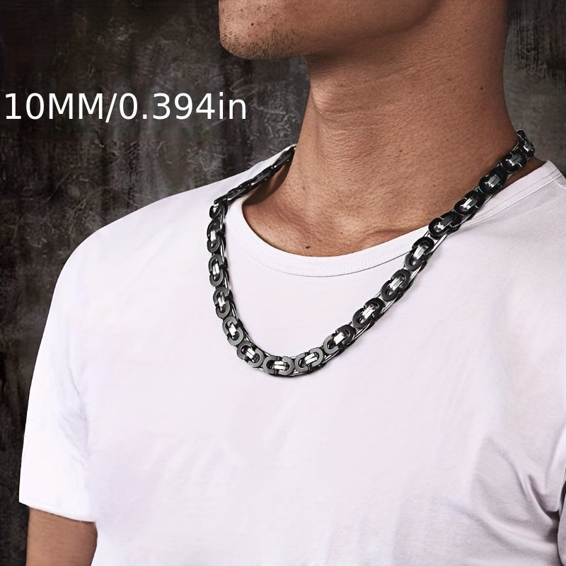 1pc Stainless Steel Black Flat Byzantine Chain Link Necklace For Men And Women, Available In 6mm, 8mm And 10mm Width And 18-28 Inches Length