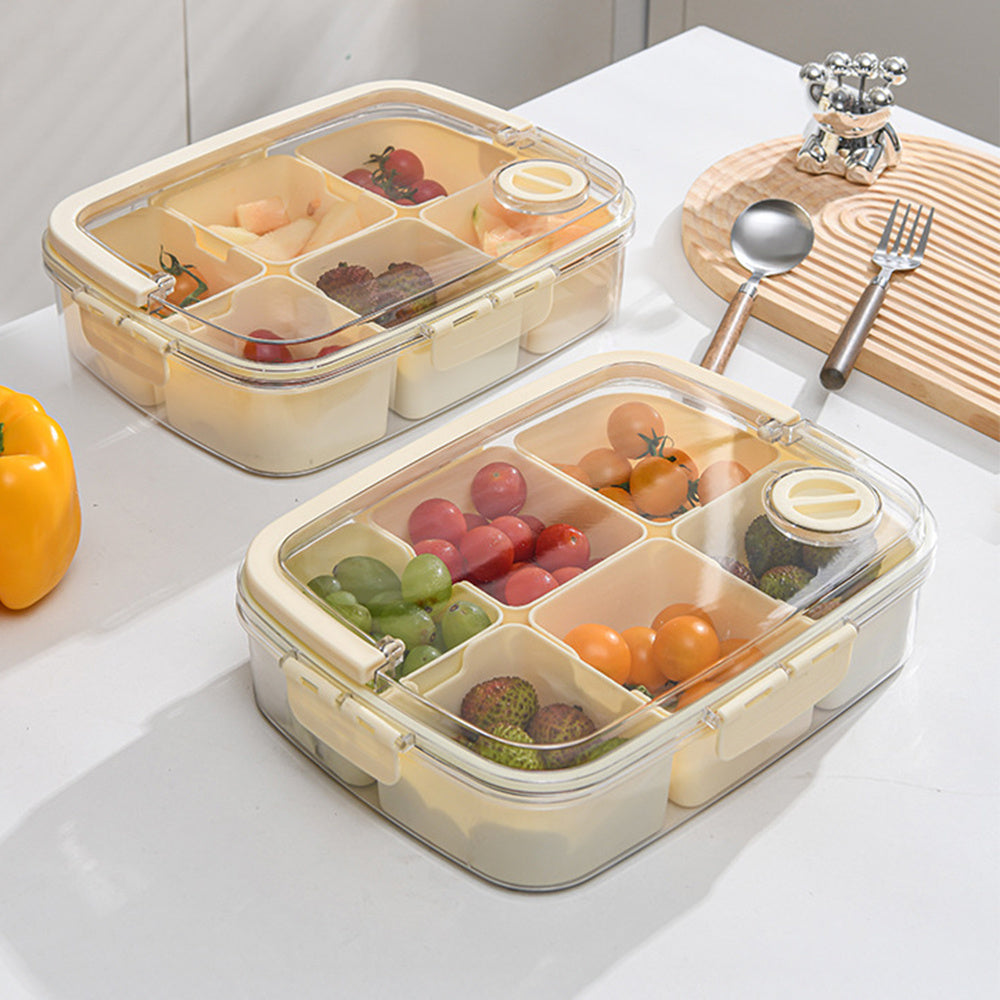 Snack Box with 6 Compartments, Snack Plate with Lid, Portable Storage Box, Bento Box with Handle, Storage Container for Candy, Veggie, Biscuit, Nuts, Fruit, Cream White