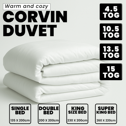Hypoallergenic All Season Duvets | Breathable Hollowfibre Filled Duvet | Corvin Cover | 4.5 TOG | 10.5 TOG | 13.5 TOG | 15 TOG