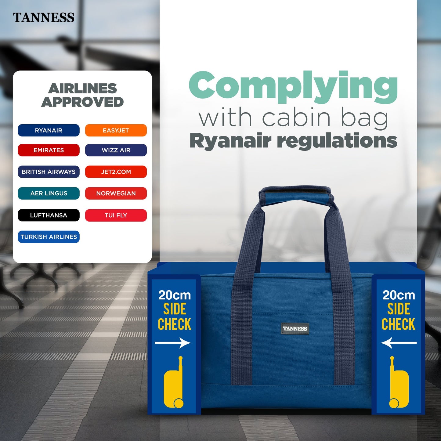 Tanness Ryanair 40x20x25 Cabin Bags with Adjustable Shoulder Strap | 40x20x25 Cabin Bag Holdall Bag, Travel Bag, Under Seat Cabin Bag | Hand Luggage Bag Carry On Bag | Cabin Suitcase Bags
