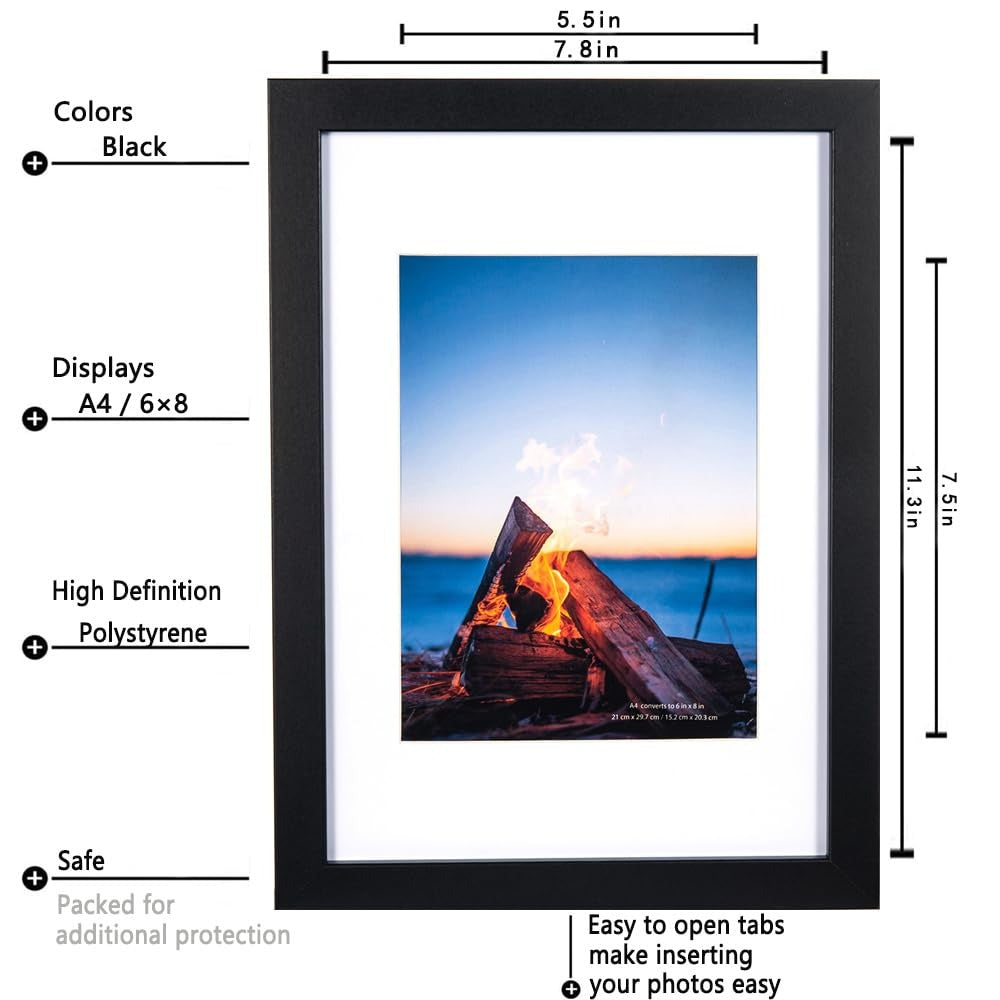 Set of 3 Black Wooden Picture Frames A4 w/ Mount Freestanding & Wall Mountable Photo Frame for A4 Poster Certificate Display