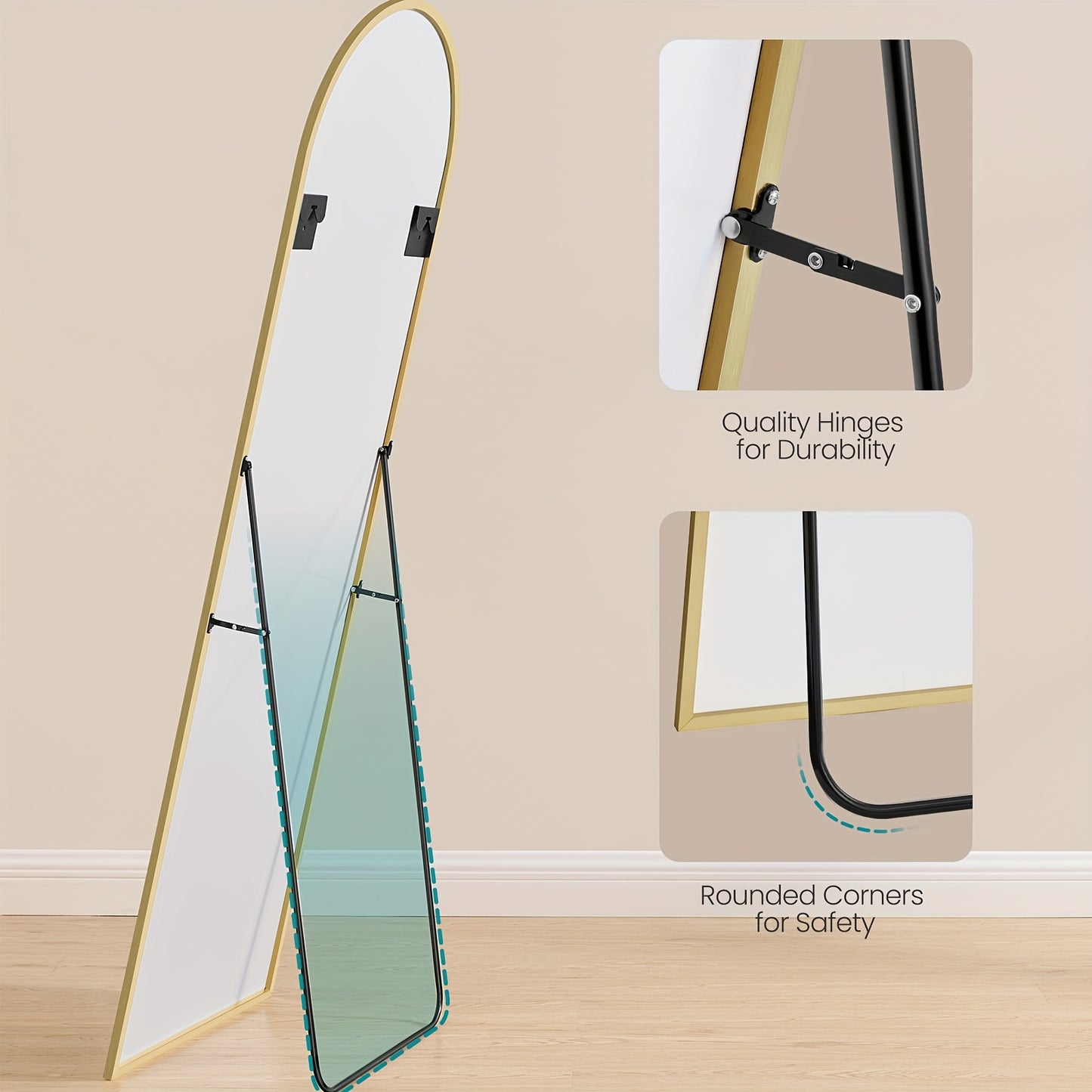 Full-Length Mirror with Curved Standing Frame - Mirror Suitable for Bedroom, Living Room, Dressing Room - Sturdy Tempered Glass & Aluminum Alloy Frame, Pale Golden