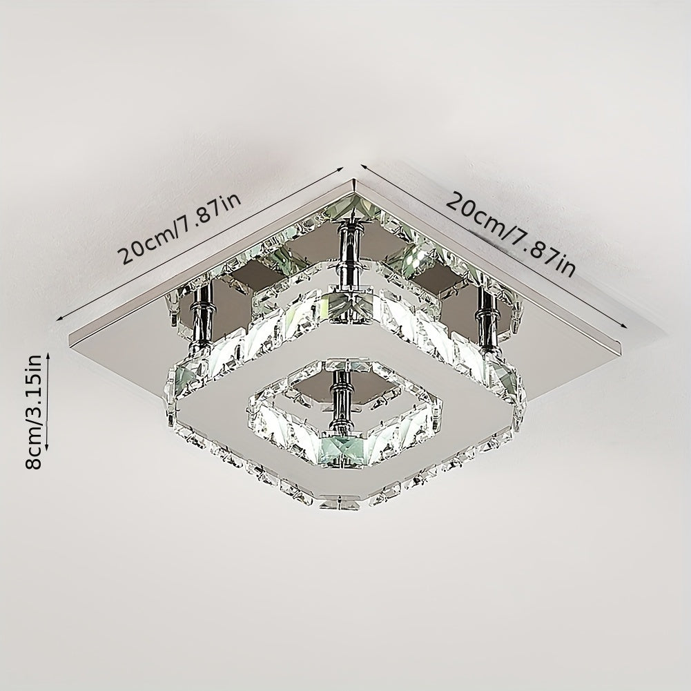 Contemporary Mini Crystal Chandelier, Square Single-layer LED Crystal Ceiling Light, Plain Crystal Ceiling Lighting Chrome Crystal Pendant, 12W 6000K Cold White Light, for Living Room Kitchen Office Bedroom Dining Room Island, 21*21cm/ 8.27*8.27inch.
