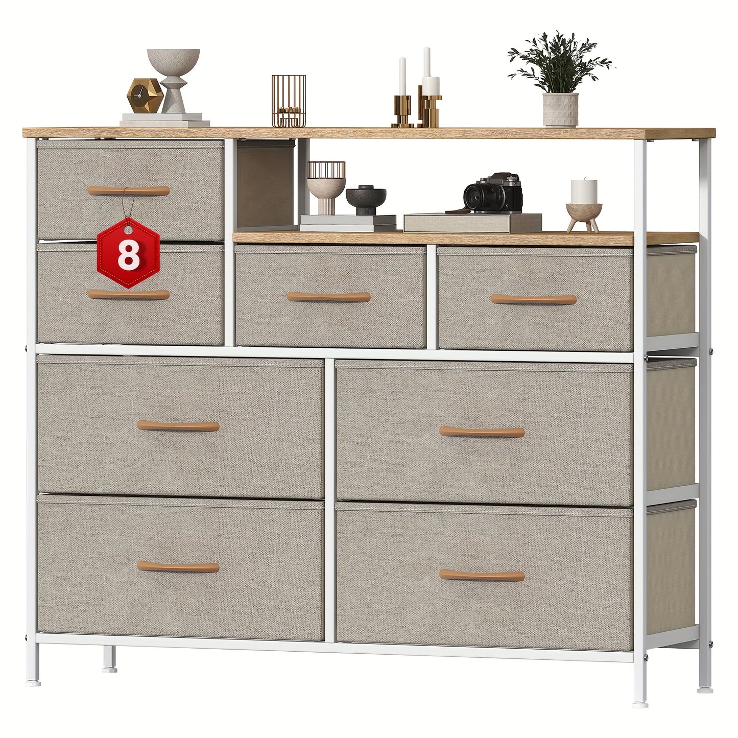 8 Drawer Chest of Drawers with Fabric Fronts & Wooden Top – Large Storage Dresser Organiser Unit for Bedroom & Living Room