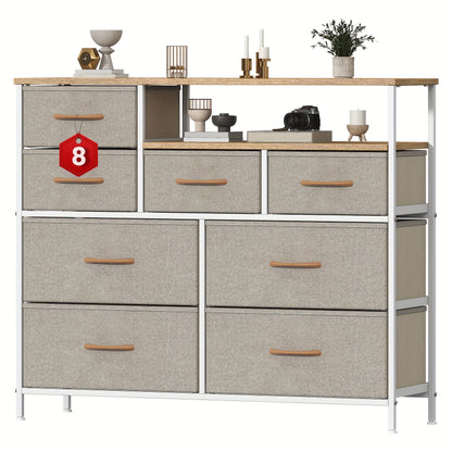 8 Drawer Chest of Drawers with Fabric Fronts & Wooden Top – Large Storage Dresser Organiser Unit for Bedroom & Living Room