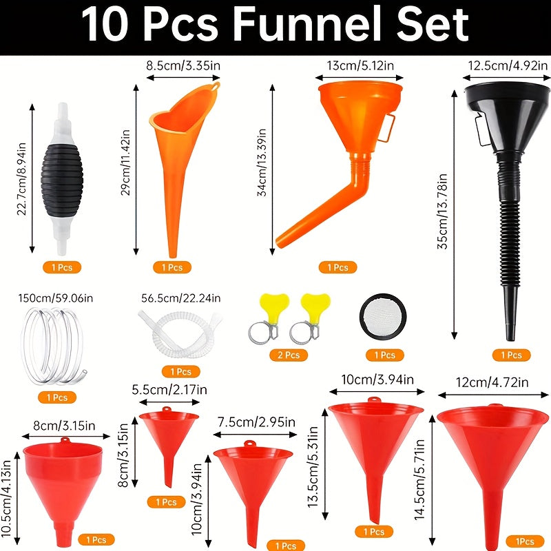 Fuel Funnels Set Plastic Neck Oil Funnels with Detachable Spout And Filter, Large Funnel for Gasoline, Oil Funnel Kit, Funnel Hose, 58.42cm Flexible Removable Hose, Right-Angle Long Neck Design - Spill-Proof, Fit, Durable & Easy-Clean, Funnel Automotive