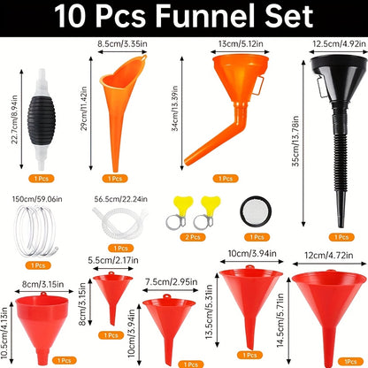 Fuel Funnels Set Plastic Neck Oil Funnels with Detachable Spout And Filter, Large Funnel for Gasoline, Oil Funnel Kit, Funnel Hose, 58.42cm Flexible Removable Hose, Right-Angle Long Neck Design - Spill-Proof, Fit, Durable & Easy-Clean, Funnel Automotive