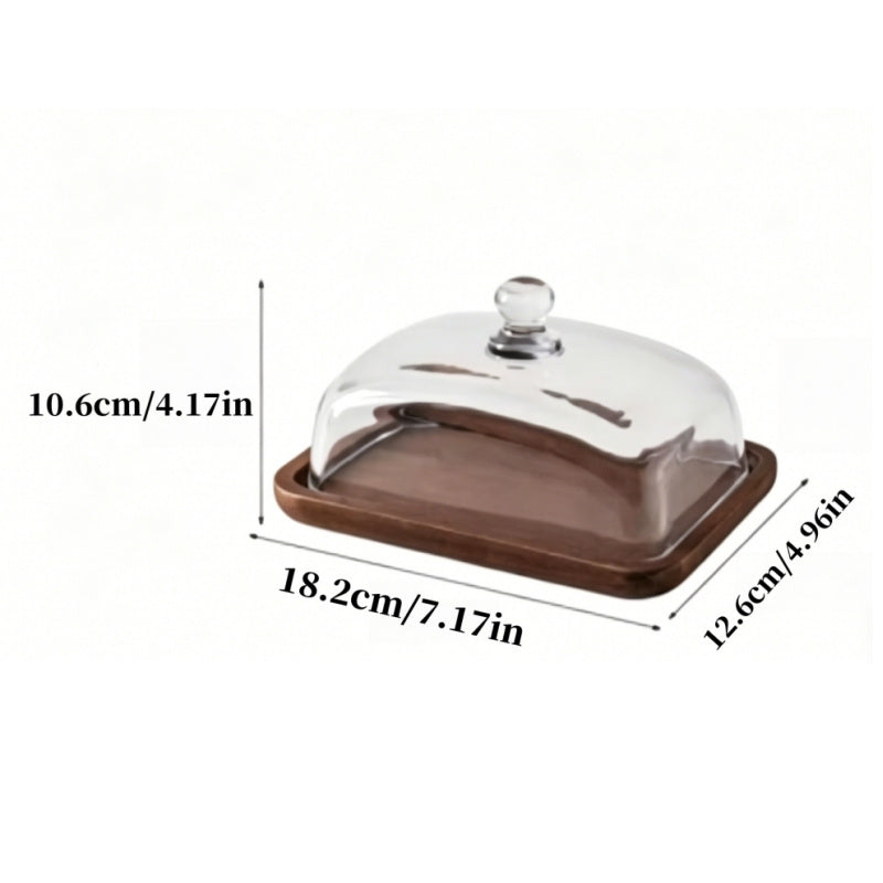 Acacia Wood Butter Dish with Glass Lid, Clear Covered Butter Keeper, Wooden Butter Tray for Kitchen Countertop, Farmhouse Butter Storage Container & Serving Dish for Counter, Ideal for Butter, Cakes, Fruits, Snacks & Pastries