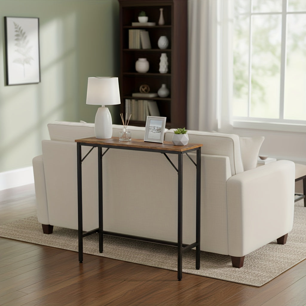 AMHANCIBLE Console Table with Charging Station, Narrow Sofa Table, 1 AC Socket & USB Ports, Entrance Table, Narrow Side Table for Living Room, Metal Frame, Brown