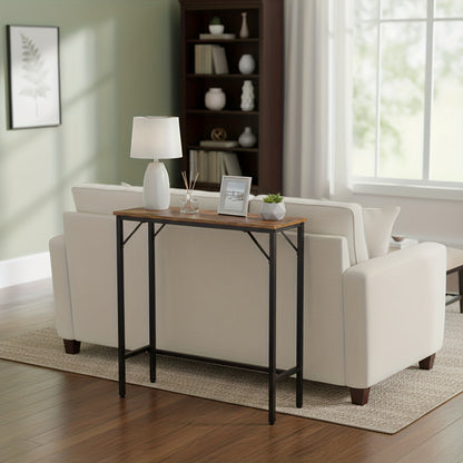 AMHANCIBLE Console Table with Charging Station, Narrow Sofa Table, 1 AC Socket & USB Ports, Entrance Table, Narrow Side Table for Living Room, Metal Frame, Brown