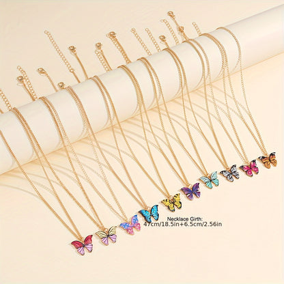 10pcs Set of Fashionable, Elegant, and Minimalist Colorful Butterfly Y2K Pendant Necklaces, Unisex Design Suitable for Vacation, Parties, Dates, Gifts, Daily Versatility, Includes a Greeting Card with Festive Wishes