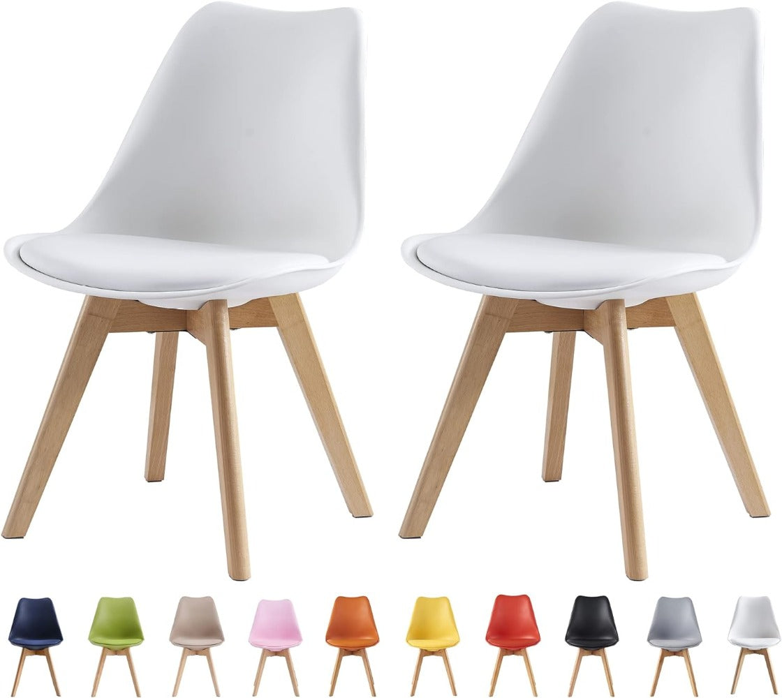 Set of 2 Retro Dining Chairs with Wooden Legs & Cushion Pad – Ergonomic Curved Backrest, Faux Leather Seat, 10 Colours, 120kg Capacity for Home, Office & Lounge