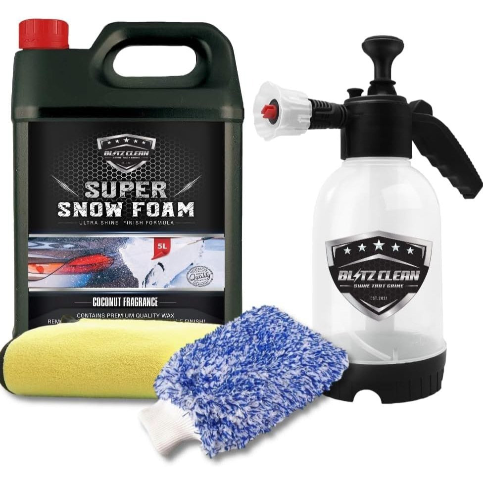 Snow Foam Plus 2L Pump up Snow Cannon Full Kit Inc Mitt & Drying Cloth Wash Detailing Valeting Kit For Car Van Caravan 5L Super Thick Pre Wash Pressurised Snow Cannon Lance