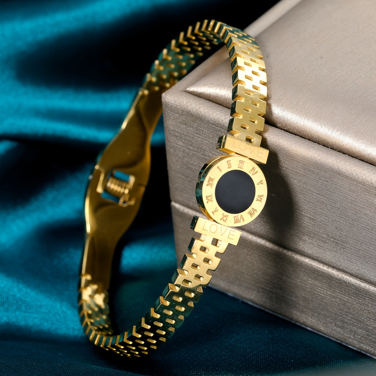 Bangle Bracelet Gold Stainless Steel Roman Numeral Men with Waterproof - product gallery image 2