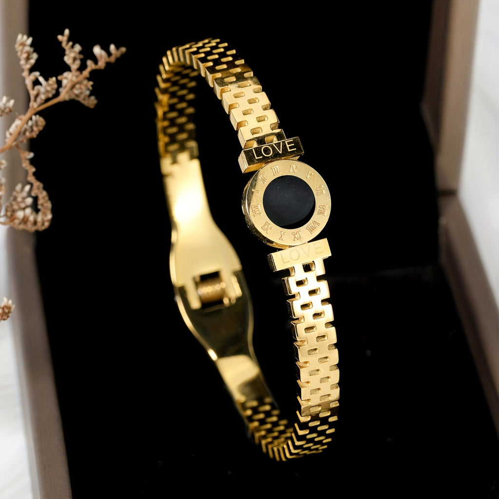 Bangle Bracelet Gold Stainless Steel Roman Numeral Men with Waterproof