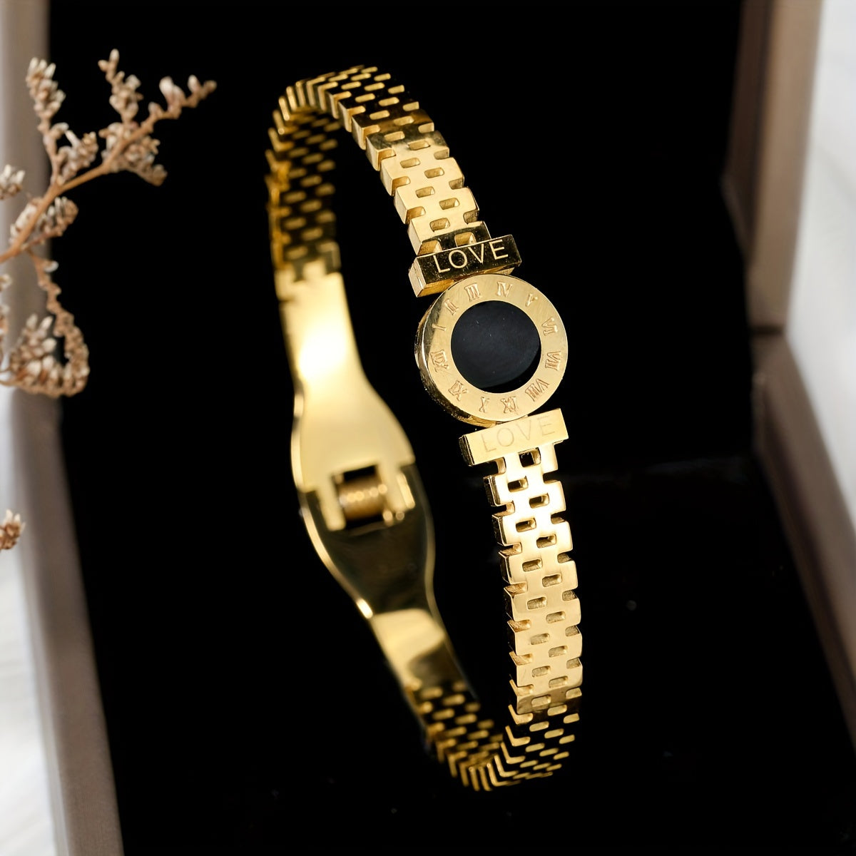 Bangle Bracelet Gold Stainless Steel Roman Numeral Men with Waterproof
