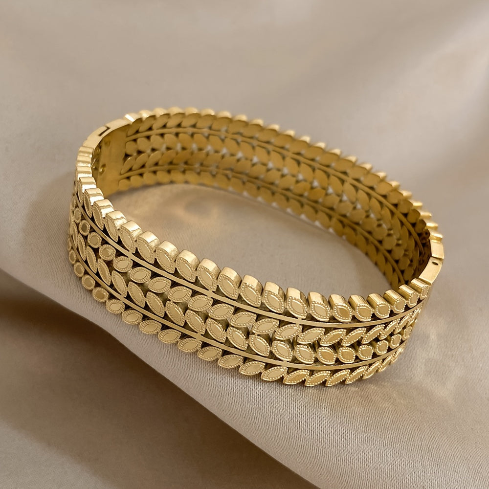 Bangle Bracelet Vintage Hollow Leaf Gold Wide Cuff with Waterproof, Stainless Steel - product gallery image 11