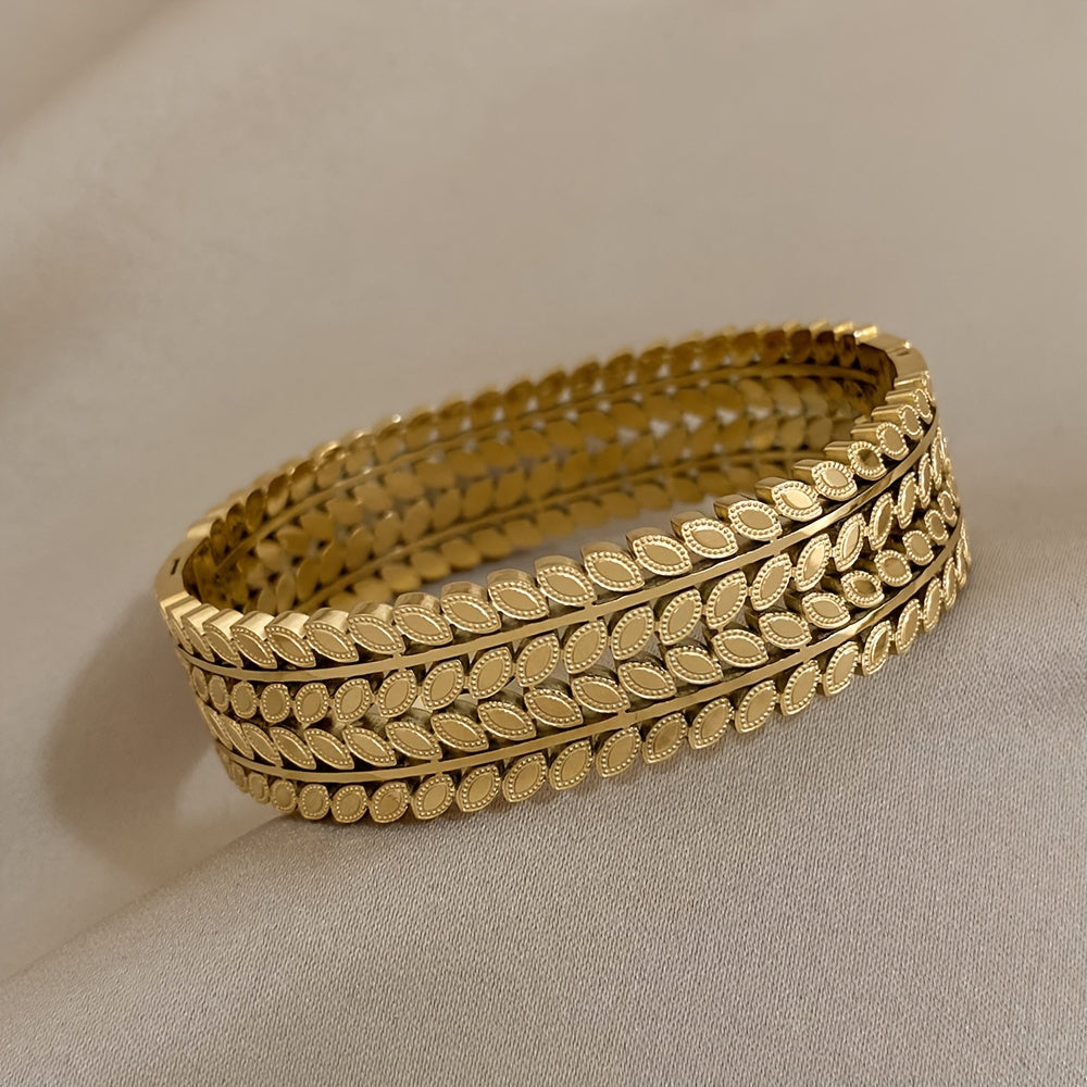 Bangle Bracelet Vintage Hollow Leaf Gold Wide Cuff with Waterproof, Stainless Steel - product gallery image 2