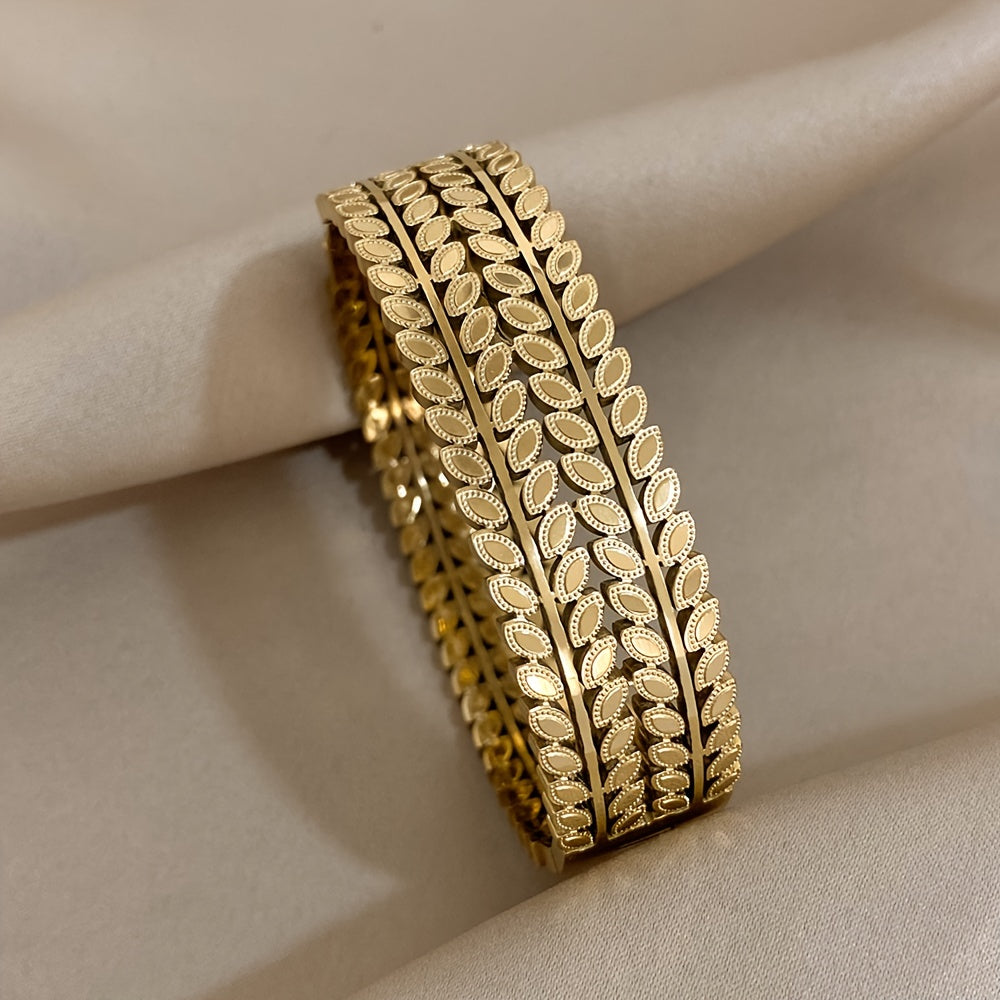 Bangle Bracelet Vintage Hollow Leaf Gold Wide Cuff with Waterproof, Stainless Steel - product gallery image 4