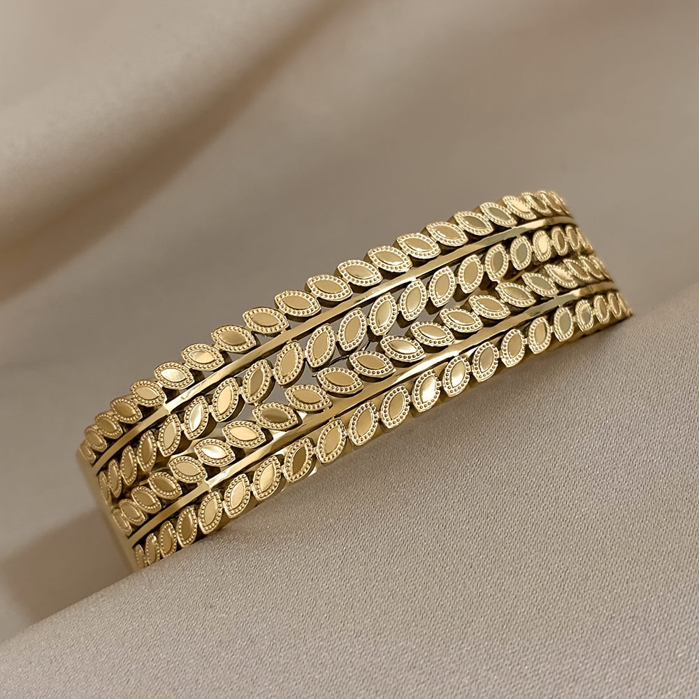 Bangle Bracelet Vintage Hollow Leaf Gold Wide Cuff with Waterproof, Stainless Steel - product gallery image 9
