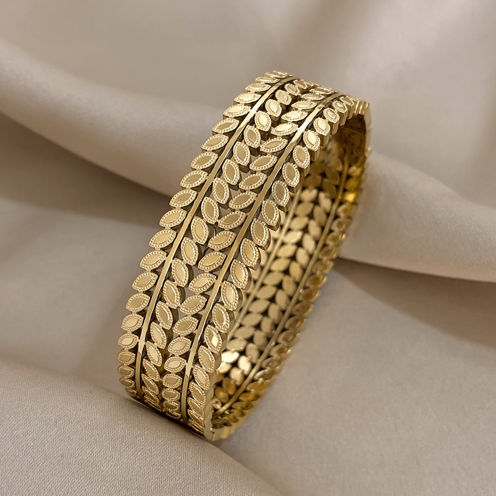 Bangle Bracelet Vintage Hollow Leaf Gold Wide Cuff with Waterproof, Stainless Steel - Golden option