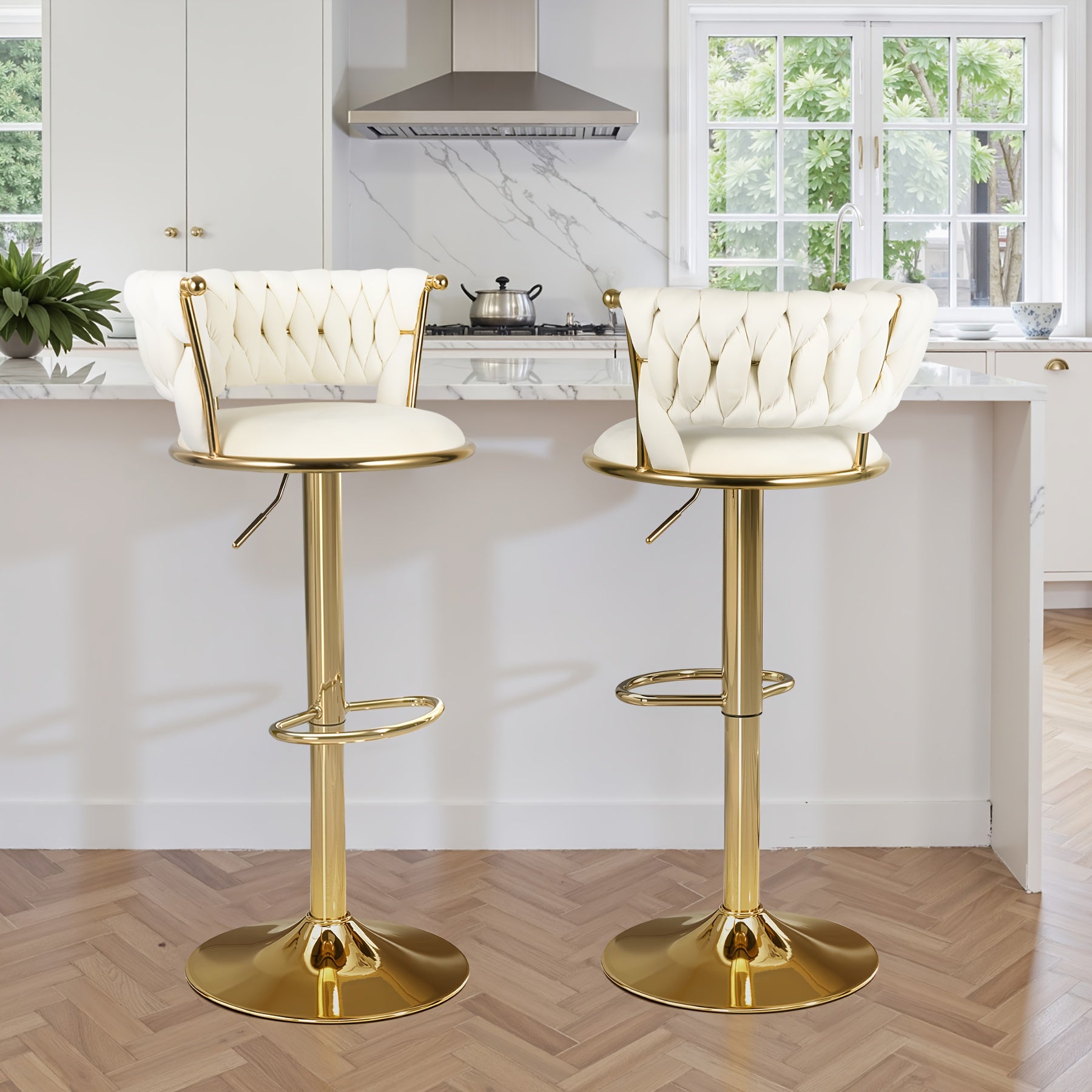 Bar Stool with Adjustable Height, Metal, Velvet Swivel Stools of Adjustable Height - Beige option