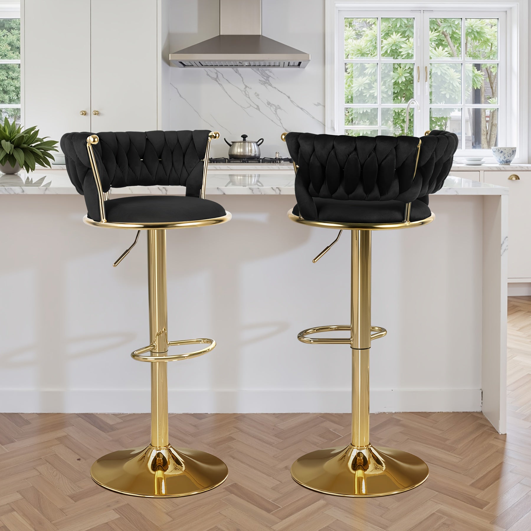 Bar Stool with Adjustable Height, Metal, Velvet Swivel Stools of Adjustable Height - Black option