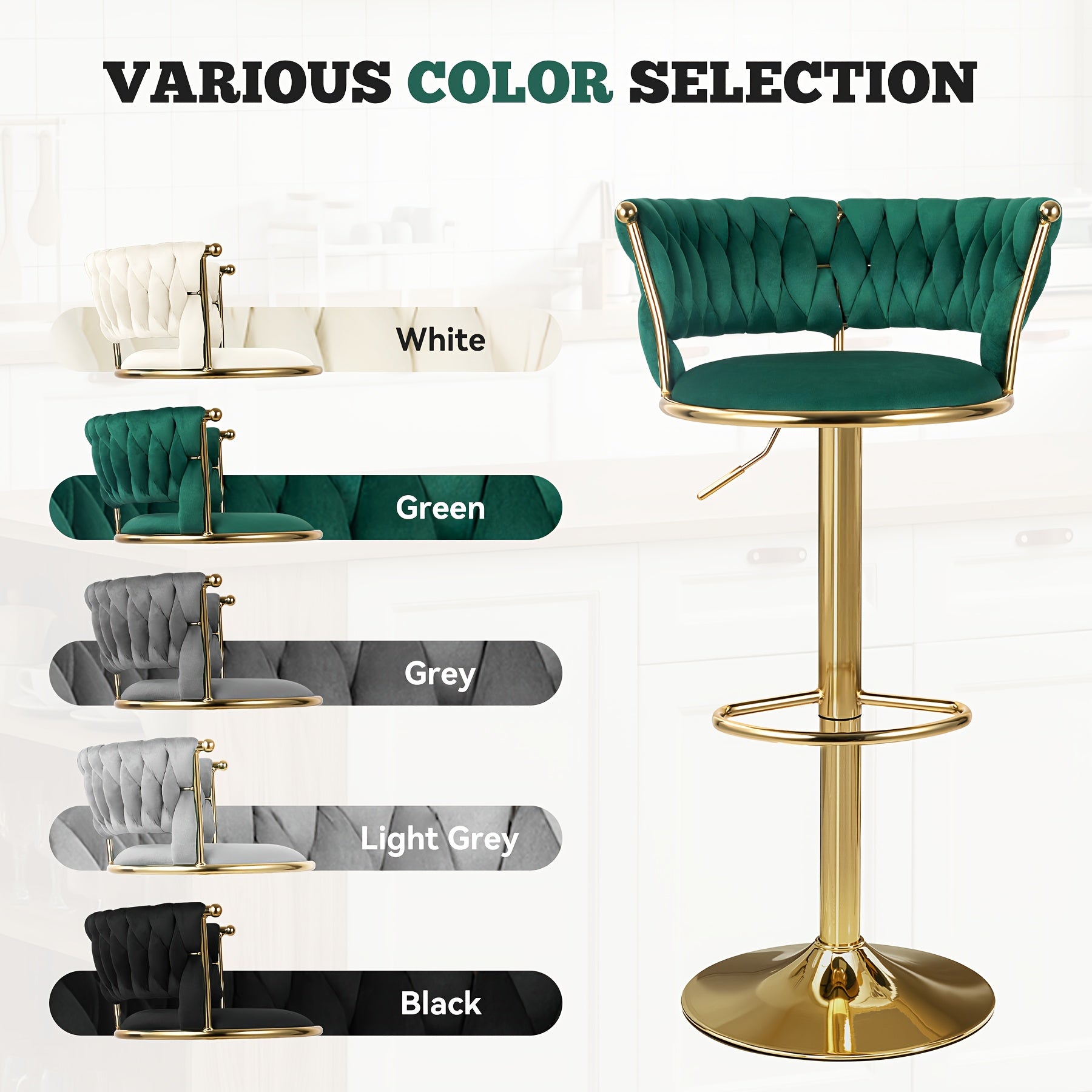 Bar Stool with Adjustable Height, Metal, Velvet Swivel Stools of Adjustable Height - product gallery image 6
