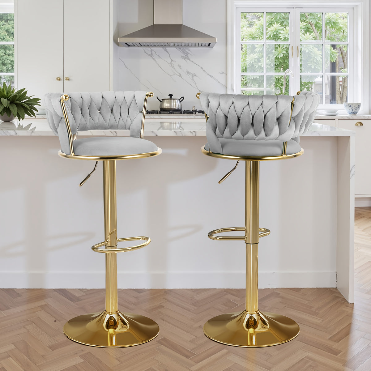 Bar Stool with Adjustable Height, Metal, Velvet Swivel Stools of Adjustable Height