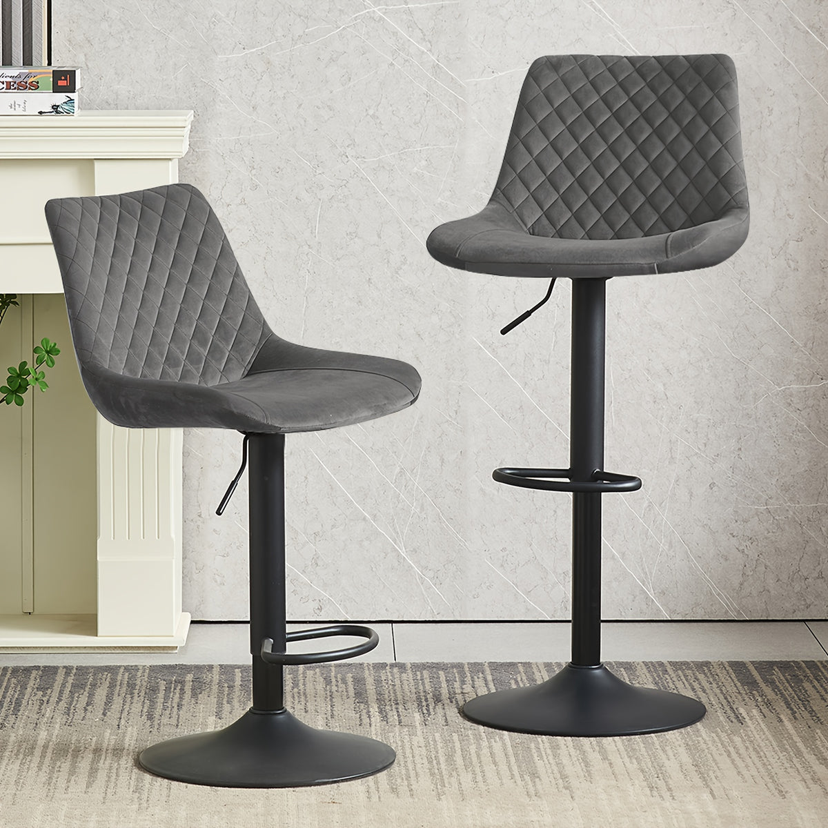 Bar Stool with Adjustable Height, Velvet, Height Adjustable Velvet Stools of or - Grey, 2pcs option