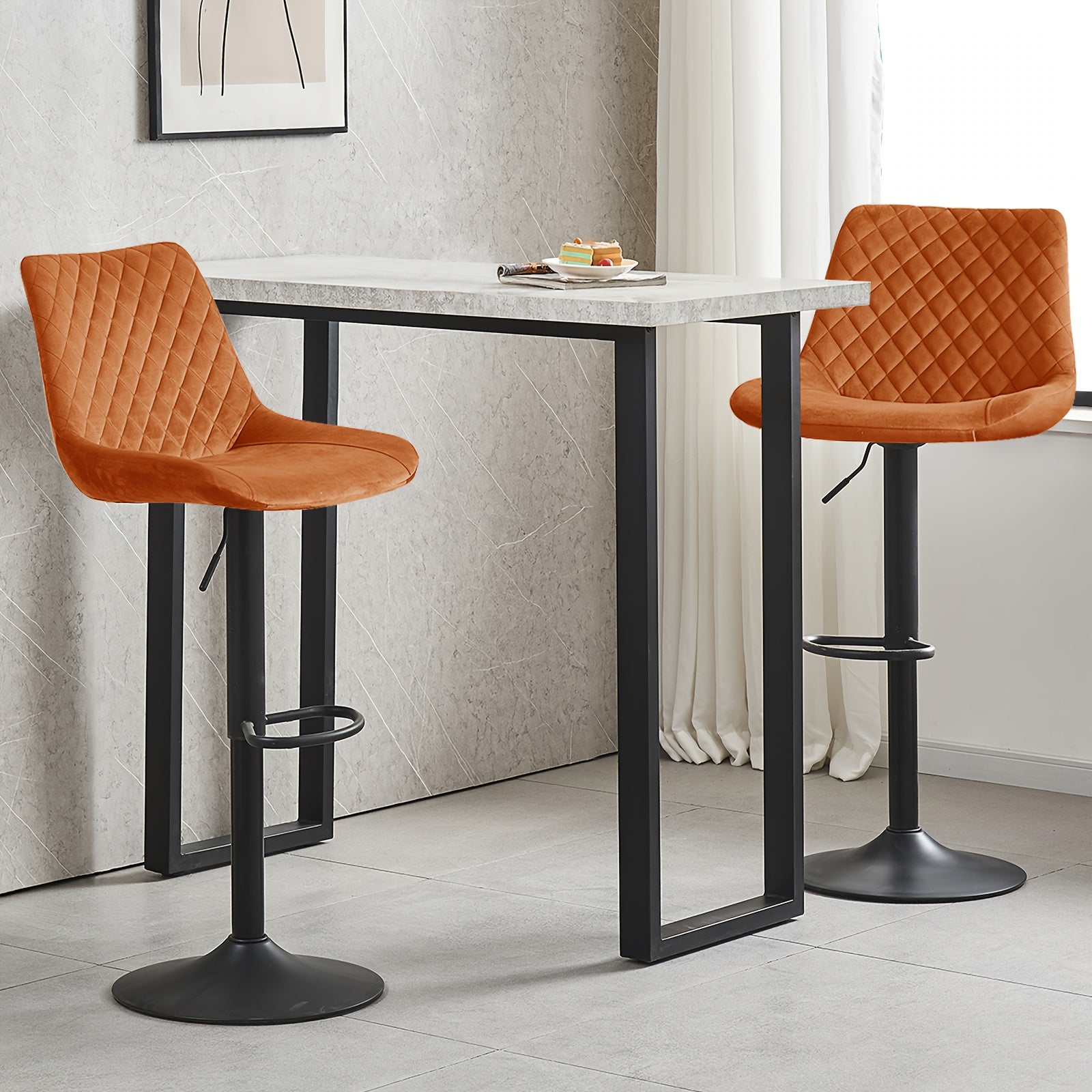 Bar Stool with Adjustable Height, Velvet, Height Adjustable Velvet Stools of or - Tangerine, 2pcs option