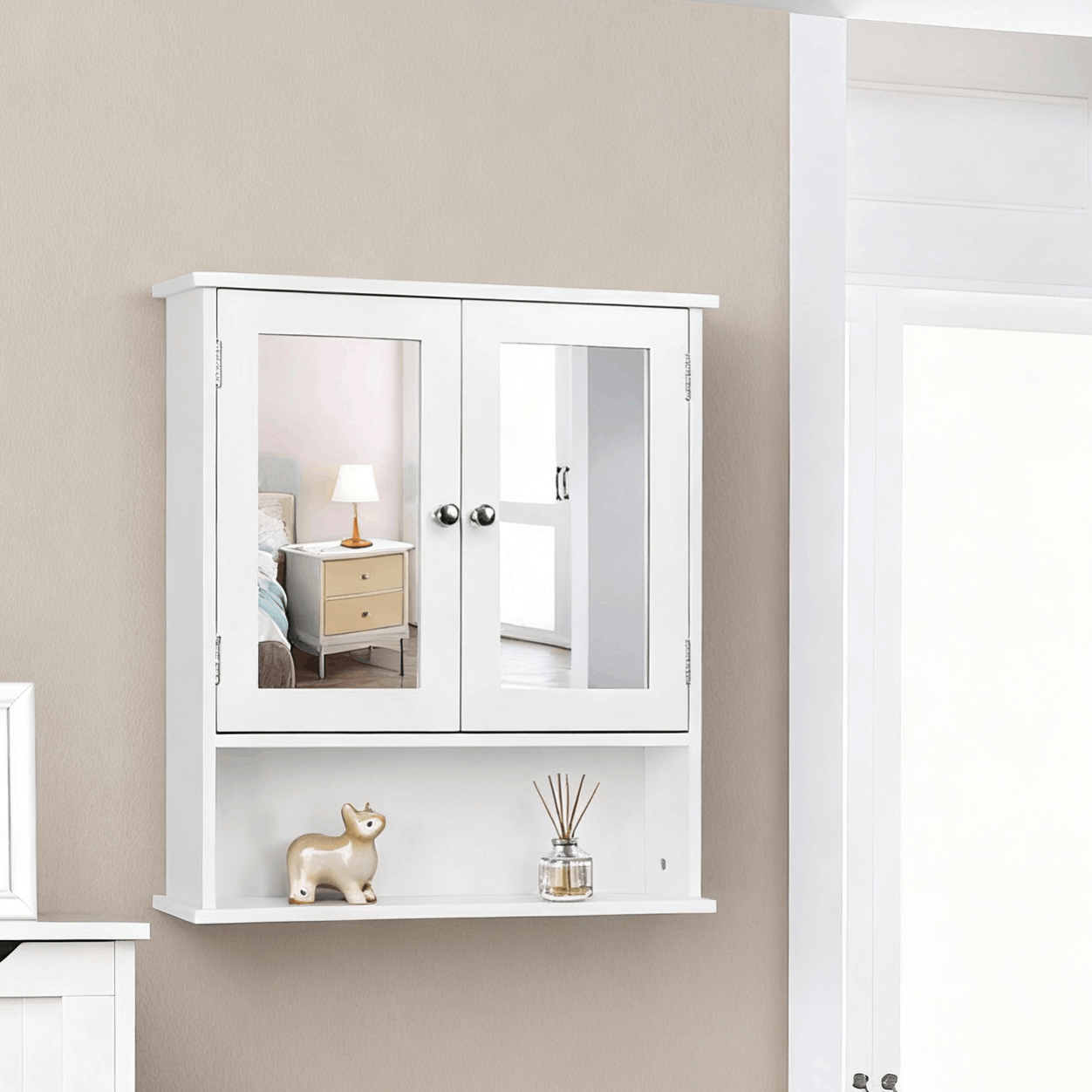 Bathroom Storage Cabinet with Wall-Mounted, Adjustable Shelf, Wood