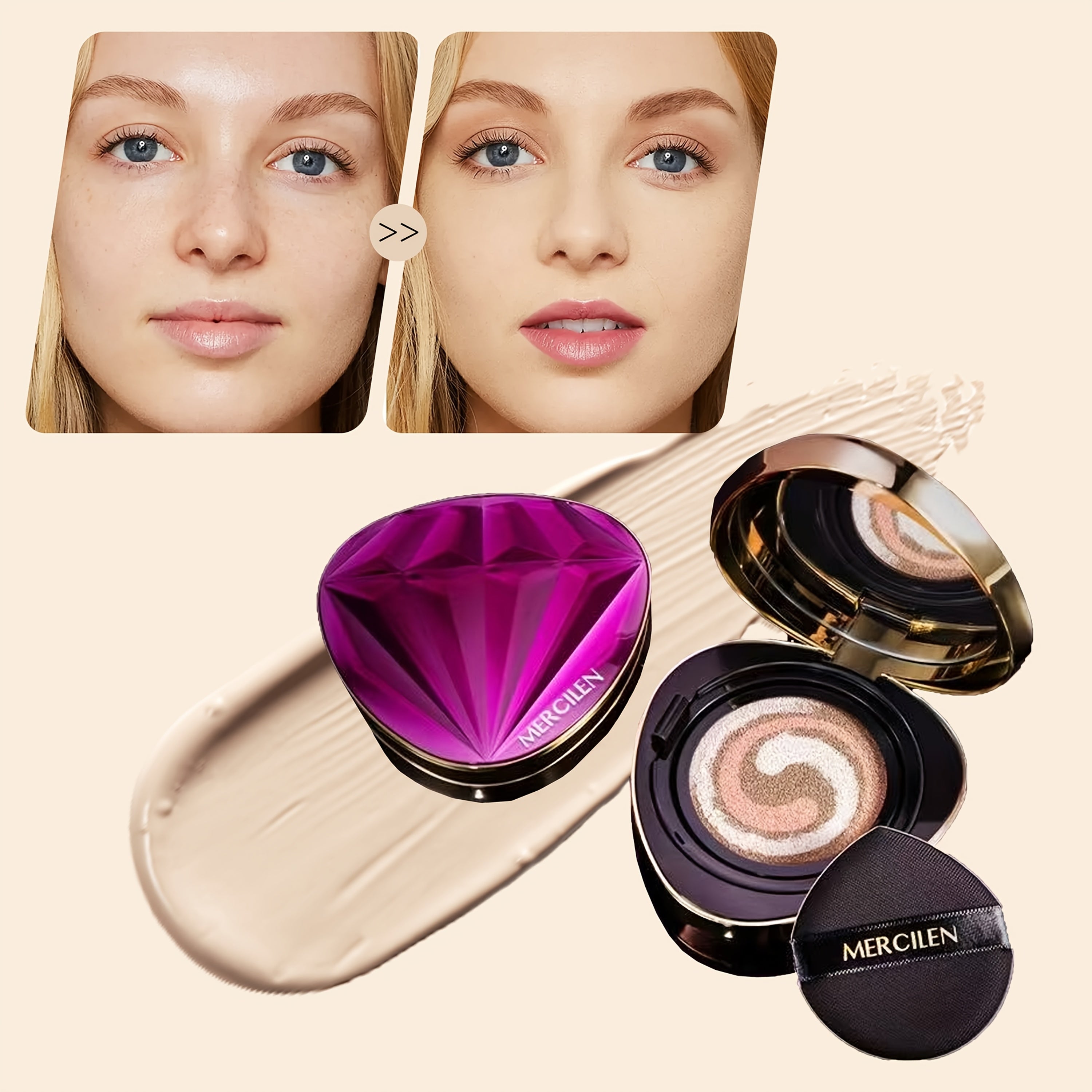 BB Cream Foundation with 15g, 1 Box, MERCILEN Aqua Flawless Air Cushion x2