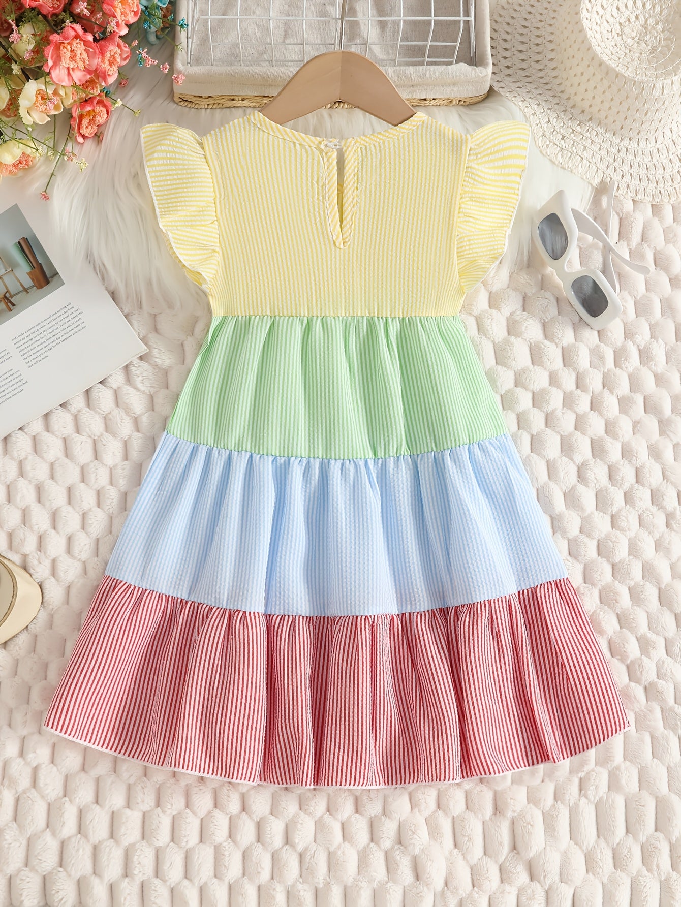 New Summer Style Girls' Colorblock Striped Dress, Cute Flutter Sleeve Dress, Summer Casual Dress, Summer Children's Clothing, Casual Daily Wear, Sweet and Adorable Girls' Dress, Girls' Clothes, Easter